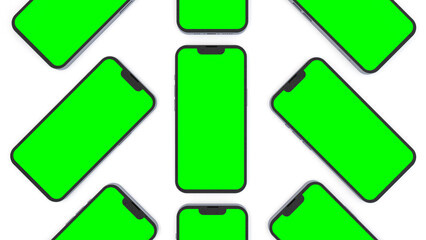 Smartphones with green screens, modern mockup for mobile App design with space for text, isolated on white background. 3d render.