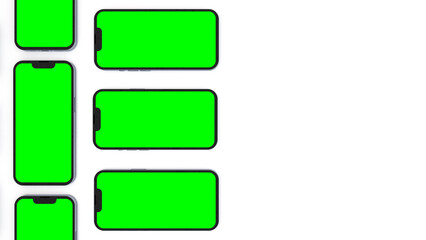 Smartphones with green screens, modern mockup for mobile App design with space for text, isolated on white background. 3d render.