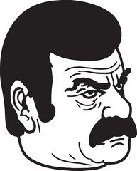 Vintage man with mustache in the style of the 60s young man. Retro comics black and white ink drawing, American cartoon advertising illustration.