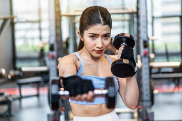 Fototapeta na wymiar Confident young asian fitness woman doing exercises with dumbbells, Smiling girl doing sports indoors with dumbbells lifting weights. Fit fitness girl in sportswear exercising inside to slim down.