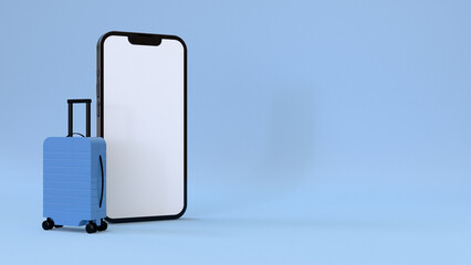 Travel and mobile booking concept with blank white smartphone screen with place, blue suitcase. 3D rendering, mockup.