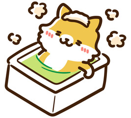 お風呂にゆっくり浸かるかわいい柴犬のキャラクターの手書き風イラスト