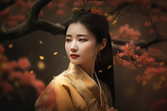 close up portrait of beautiful young Chinese woman wearing traditional clothes in blossom forest, Generative Ai	
