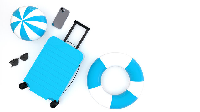 3d render of suitcase with vacation stuff over white background with place for text. 3d rendering illustration.