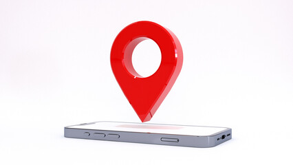 Red navigator pin checking with map on grey smartphone, mobile phone. Smart phone. Location pin, location map, location icon. 3d rendering illustration.