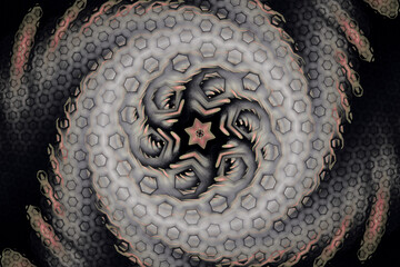 Gray swirling pattern of crooked waves from hexagons on a black background. Abstract fractal 3D rendering