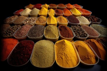 Naklejka premium A vast array of different spices. Top view set of species colorfully food photo style by generative ai
