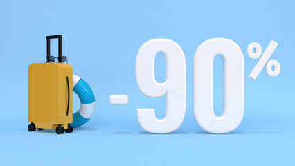 3d text minus 90 percent with luggage for travel on a blue background. Concept for travel agencies, websites, travel discount, vacation. 3d rendering.