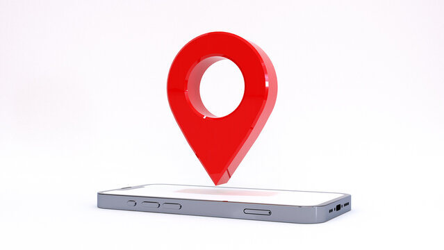 Red navigator pin checking with map on grey smartphone, mobile phone. Smart phone. Location pin, location map, location icon. 3d rendering illustration.