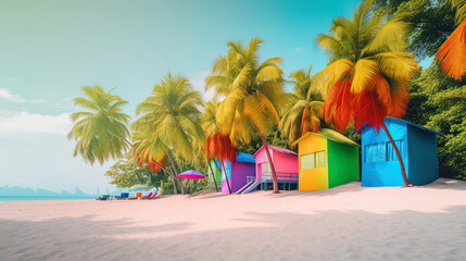 Obraz premium Multicolored beach houses in a tropical setting with palm trees