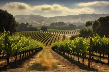 Fototapeta na wymiar Beautiful vineyard in the countryside at sunset around hills and mountains. Generative AI