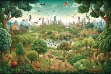 Obraz na płótnie Canvas Illustration of Cityscape and Forest on Earth Day with Children Playing