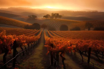 Vlies Fototapete Rot  violett Beautiful vineyard in the countryside at sunset around hills and mountains. Generative AI