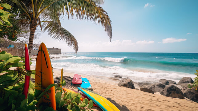 Close up with surfboards and palm trees on tropical beach and ocean in the background