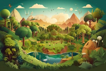 Naklejka premium Illustration of Cityscape and Forest on Earth Day with Children Playing