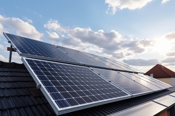 housing estate land, smart home using green energy has solar panel on roof, Generative Ai