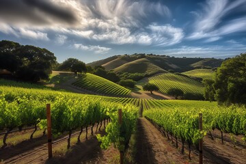 Naklejka premium Beautiful vineyard in the countryside at sunset around hills and mountains. Generative AI