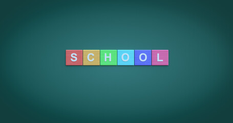 Colorful wooden blocks with the letters school on a gradient background