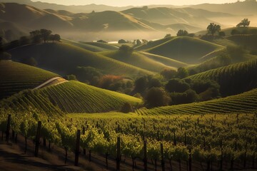 Beautiful vineyard in the countryside at sunset around hills and mountains. Generative AI - obrazy, fototapety, plakaty
