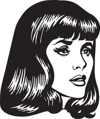 Vintage woman 60s style young woman. Retro comics woman head black and white ink drawing, American cartoon advertising illustration.