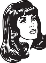 Vintage woman 60s style young woman. Retro comics woman head black and white ink drawing, American cartoon advertising illustration.