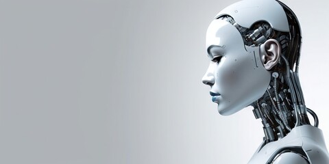 Cyborg woman side view banner. High-tech Ai bot background with copy space for text generative ai