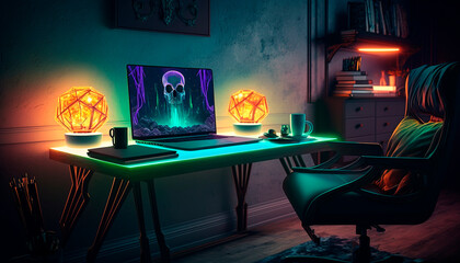 A home office setup with laptop on desk, dark room with neon lights, generative ai