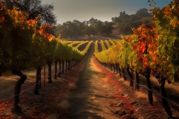 Naklejka premium Beautiful vineyard in the countryside at sunset around hills and mountains. Generative AI