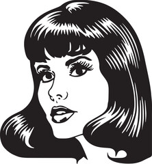 Vintage woman 60s style young woman. Retro comics woman head black and white ink drawing, American cartoon advertising illustration.