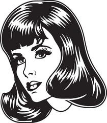 Vintage woman 60s style young woman. Retro comics woman head black and white ink drawing, American cartoon advertising illustration.
