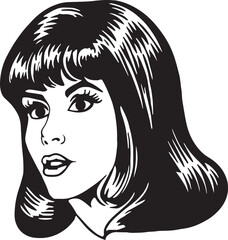Vintage woman 60s style young woman. Retro comics woman head black and white ink drawing, American cartoon advertising illustration.