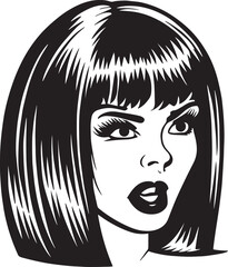 Vintage woman 60s style young woman. Retro comics woman head black and white ink drawing, American cartoon advertising illustration.