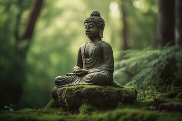 Statue of Buddha in the Green Forest - Mindfull and Inspiring - obrazy, fototapety, plakaty