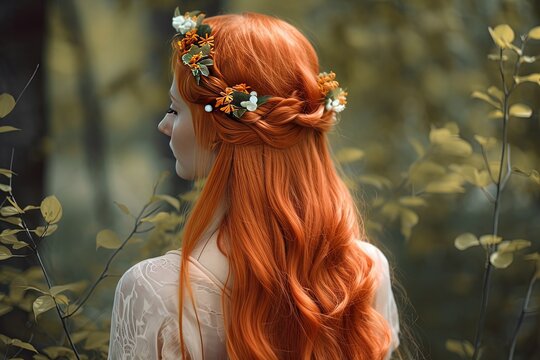 pretty beautiful braiding hairstyle, red hair bridal bohemian hairstyle in nature landscape, Generative Ai	