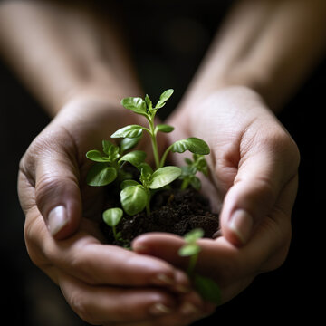 A pair of hands holding soil with a plant sprouting, generative AI