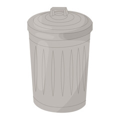 Round metal trash can with lid. Waste sorting. Garbage bins. Design for waste collection companies. City cleaning. Flat style in vector illustration. Isolated objects.