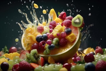 Fototapeta na wymiar Fresh summer fruit salad with strawberries, raspberries, grapes, blueberries, kiwi and more. Ai generative.