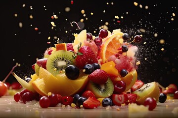 Fototapeta na wymiar Fresh summer fruit salad with strawberries, raspberries, grapes, blueberries, and kiwis. A sweet and healthy gourmet dessert. Ai generative.
