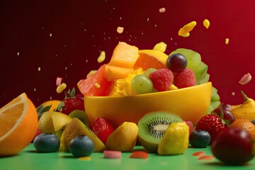 Fresh summer fruit salad on vibrant summer color backgrounds. Perfect for healthy eating, dieting, and dessert concepts. Ai generative.