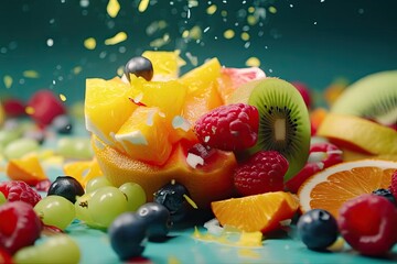 Fototapeta na wymiar Fresh summer fruit salad and summer colors backgrounds. Colorful and juicy fruits with grape, orange and yellow, perfect for a healthy eating diet. Ai generative.