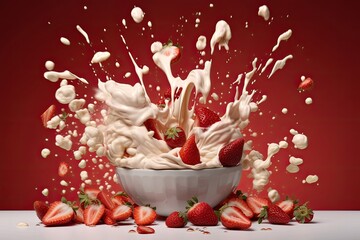 Lots of juicy strawberries and cream with a focus on freshness and gourmet appeal. Perfect for desserts or healthy summer snacks. Ai generative.