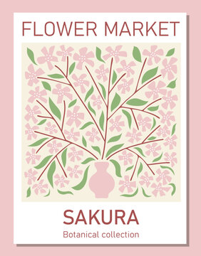 Trendy botanical wall art of sakura flowers. Flower market poster concept template perfect for postcards, wall art, banner. Modern naive groovy funky interior decorations, paintings. Vector print