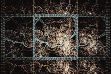 Brown blue pattern of shapes and waves on a black background. Abstract fractal 3D rendering