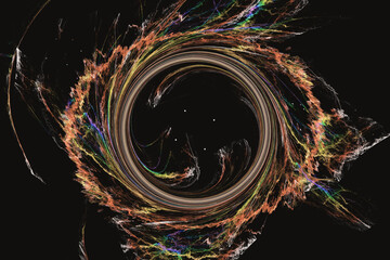 Orange swirling pattern of crooked waves on a black background. Abstract fractal 3D rendering