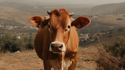 red heifer with natural high land landscape, Generative Ai