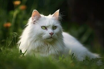a white cat on a green backdrop. Generative AI
