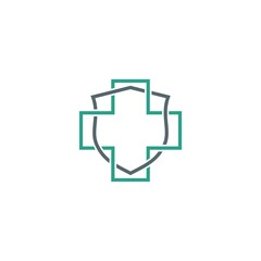 Medical health protection shield icon. Shield with medical cross logo isolated on white background