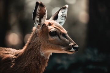 close up macro cute animal in wildness jungle background, baby doe, Generative Ai