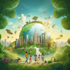 Illustration of Cityscape and Forest on Earth Day with Children Playing
