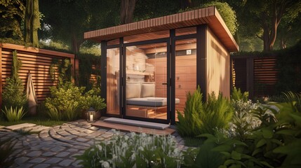 Fototapeta premium beautiful little cozy wooden room in garden, idea for small house pavilion, Generative Ai